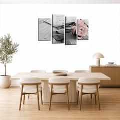LR Floral Pink Rose Wall Art Picture – Grey & White Framed 4 Panel Split Canvas Print | Ready to Hang | Modern Wall Art for Living Room, Bedroom & Office