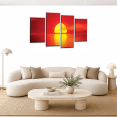 LR Sunset Wall Art Picture – Red & Orange Beach Seascape Framed 4 Panel Split Canvas Print | Ready to Hang | Modern Wall Art for Living Room, Bedroom & Office