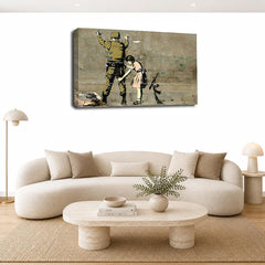 LR Banksy Girl Soldier Wall Art Picture – Grey & White Graffiti Art Framed Canvas Print | Ready to Hang | Modern Wall Art for Living Room, Bedroom & Office