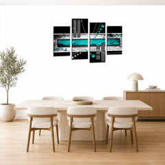 LR Abstract Wall Art Picture – Teal, Black & White Modern Framed 4 Panel Split Canvas Print | Ready to Hang | Modern Wall Art for Living Room, Bedroom & Office