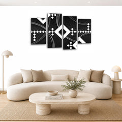 LR Abstract Wall Art Picture – Black & White Modern Framed 4 Panel Split Canvas Print | Ready to Hang | Modern Wall Art for Living Room, Bedroom & Office