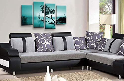 LR Sunset Landscape Lake Wall Art Picture Teal Brown Abstract Floral Framed Split Panel Canvas Print