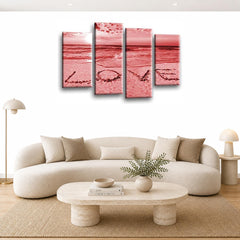 LR Love Beach Wall Art Picture – Grey & Red Sunset Seascape Framed 4 Panel Split Canvas Print | Ready to Hang | Modern Wall Art for Living Room, Bedroom & Office