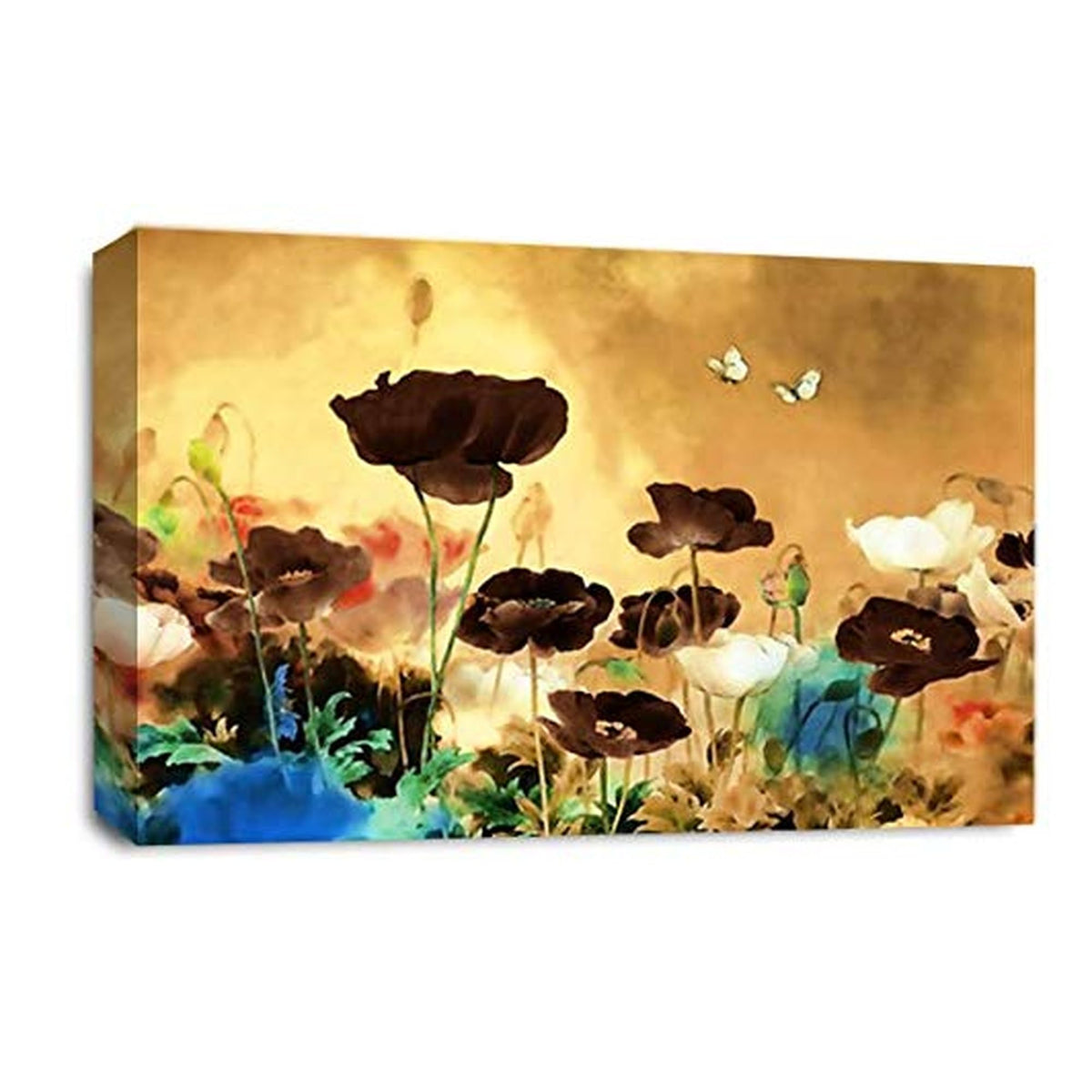 LR Floral Rose Poppy Wall Art Picture – Cream & Brown Framed Canvas Print | Ready to Hang | Modern Wall Art for Living Room, Bedroom & Office