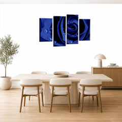 LR Floral Grey Rose Wall Art Picture – Blue Framed 4 Panel Split Canvas Print | Ready to Hang | Modern Wall Art for Living Room, Bedroom & Office