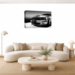 LR Ford Mustang Car Wall Art Picture – Silver Sports Framed Canvas Print | Ready to Hang | Modern Wall Art for Living Room, Bedroom & Office
