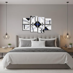LR Blue Abstract Wall Art Picture – Black & White Modern Framed 4 Panel Split Canvas Print | Ready to Hang | Modern Wall Art for Living Room, Bedroom & Office