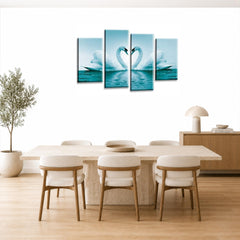 LR Love Swans Wall Art Picture – Teal & White Heart Framed 4 Panel Split Canvas Print | Ready to Hang | Modern Wall Art for Living Room, Bedroom & Office