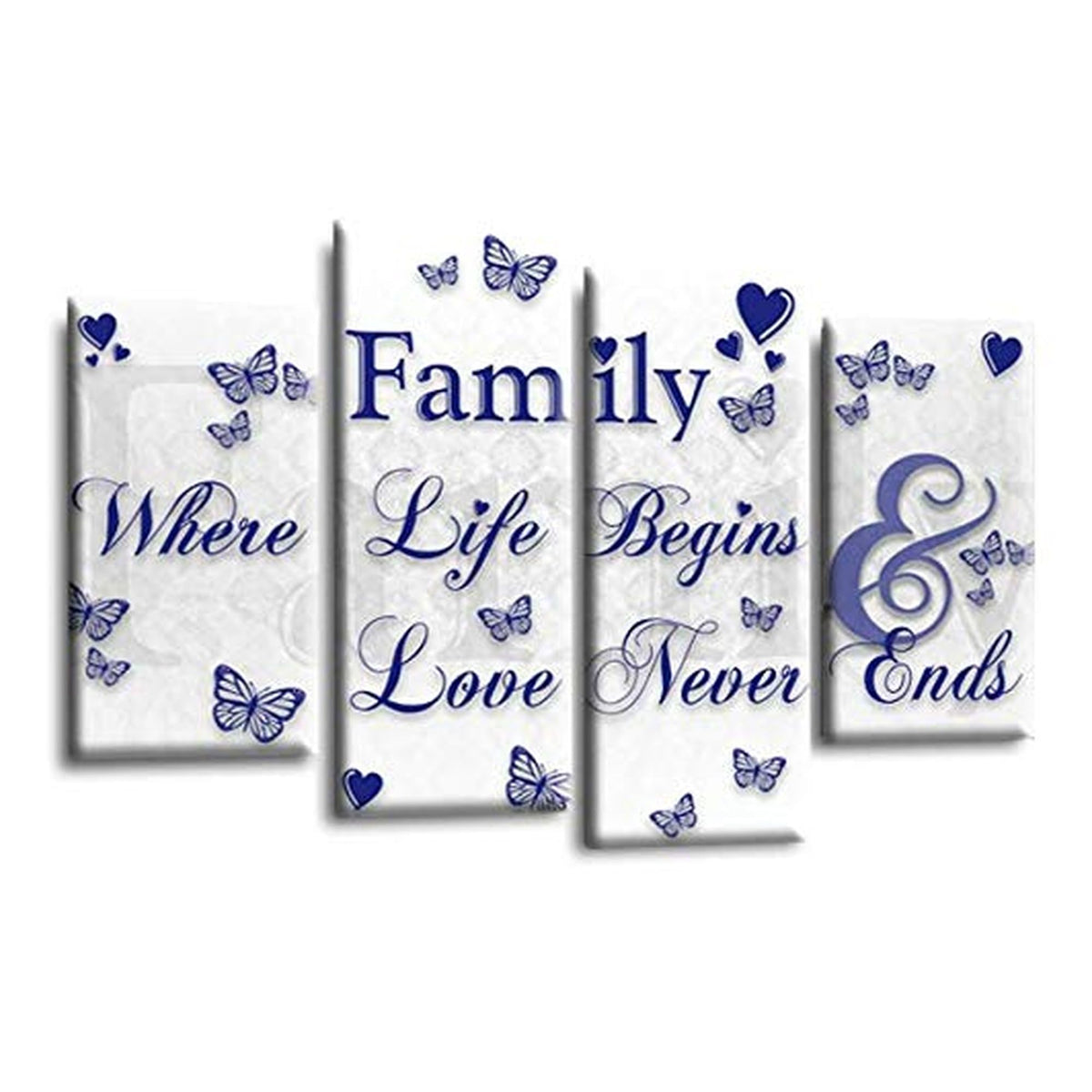 LR Family Love Quote Wall Art Picture – Blue & White Framed 4 Panel Split Canvas Print | Ready to Hang | Modern Wall Art for Living Room, Bedroom & Office