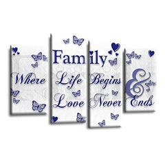 LR Family Love Quote Wall Art Picture – Blue & White Framed 4 Panel Split Canvas Print | Ready to Hang | Modern Wall Art for Living Room, Bedroom & Office
