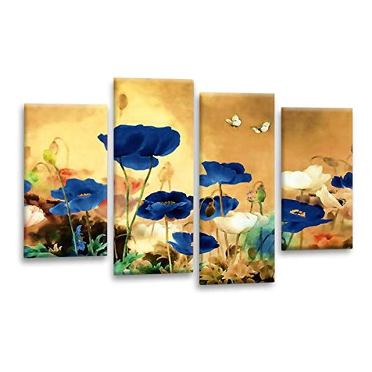 LR Floral Rose Poppy Wall Art Picture – Blue & Cream Framed 4 Panel Split Canvas Print | Ready to Hang | Modern Wall Art for Living Room, Bedroom & Office