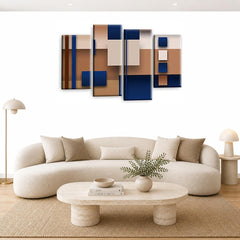 LR Blue Abstract Wall Art Picture – Cream Modern Framed 4 Panel Split Canvas Print | Ready to Hang | Modern Wall Art for Living Room, Bedroom & Office