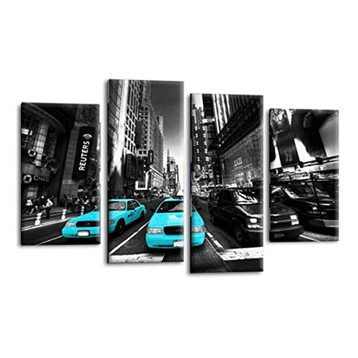 LR New York Taxi Wall Art Picture – Grey, Blue & Black Skyline Framed 4 Panel Split Canvas Print | Ready to Hang | Modern Wall Art for Living Room, Bedroom & Office