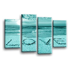 LR Love Beach Wall Art Picture – Grey & Teal Sunset Seascape Framed 4 Panel Split Canvas Print | Ready to Hang | Modern Wall Art for Living Room, Bedroom & Office