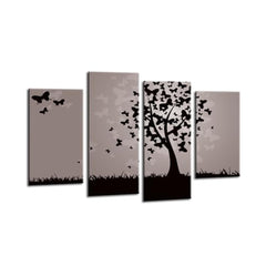 LR Floral Abstract Wall Art Picture – Grey & Black Butterfly Framed 4 Panel Split Canvas Print | Ready to Hang | Modern Wall Art for Living Room, Bedroom & Office