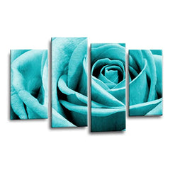LR Wall Art Floral Teal Rose Artwork Set of 4 Wall Art Picture Framed 4 Panel Split Canvas Print | Ready to Hang | Modern Wall Art for Living Room, Bedroom & Office