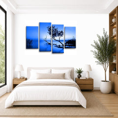 LR Sunset Landscape Wall Art Picture – Grey, Blue & Brown Floral Framed 4 Panel Split Canvas Print | Ready to Hang | Modern Wall Art for Living Room, Bedroom & Office