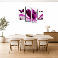 LR Butterfly Heart Wall Art Picture – Purple & White Floral Abstract Framed 4 Panel Split Canvas Print | Ready to Hang | Modern Wall Art for Living Room, Bedroom & Office