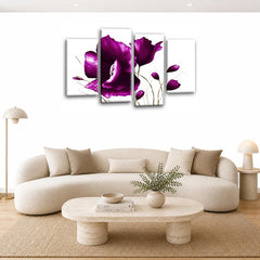 LR Floral Purple Rose Wall Art Picture – White Framed 4 Panel Split Canvas Print | Ready to Hang | Modern Wall Art for Living Room, Bedroom & Office