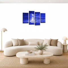 LR Sunset Beach Wall Art Picture – Blue & Cream Seascape Framed 4 Panel Split Canvas Print | Ready to Hang | Modern Wall Art for Living Room, Bedroom & Office