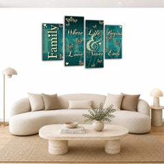 LR Family Love Quote Wall Art Picture – Teal & Cream Framed 4 Panel Split Canvas Print | Ready to Hang | Modern Wall Art for Living Room, Bedroom & Office