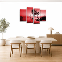 LR Sunset Landscape Wall Art Picture – Grey, Red & Brown Floral Framed 4 Panel Split Canvas Print | Ready to Hang | Modern Wall Art for Living Room, Bedroom & Office