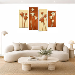 LR Floral Rose Wall Art Picture – Cream & Brown Framed 4 Panel Split Canvas Print | Ready to Hang | Modern Wall Art for Living Room, Bedroom & Office