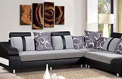 LR Floral Grey Rose Wall Art Picture – Brown Framed 4 Panel Split Canvas Print | Ready to Hang | Modern Wall Art for Living Room, Bedroom & Office