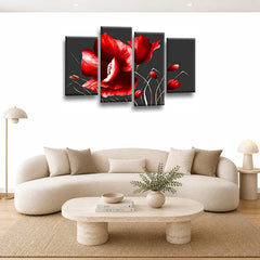 LR Floral Rose Grey Red Flower Wall Art Picture Framed 4 Panel Split Canvas Print | Ready to Hang | Modern Wall Art for Living Room, Bedroom & Office