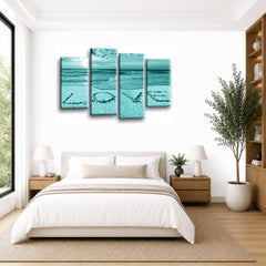LR Love Beach Wall Art Picture – Grey & Teal Sunset Seascape Framed 4 Panel Split Canvas Print | Ready to Hang | Modern Wall Art for Living Room, Bedroom & Office