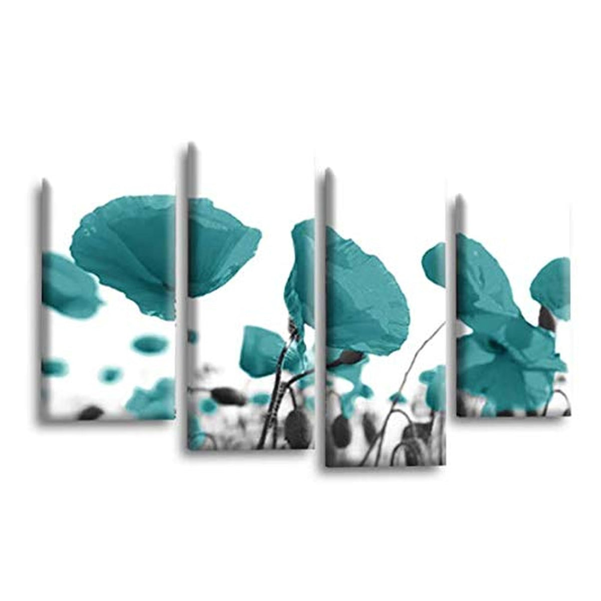 LR Floral Rose Poppy Wall Art Picture – Teal & White Framed 4 Panel Split Canvas Print | Ready to Hang | Modern Wall Art for Living Room, Bedroom & Office