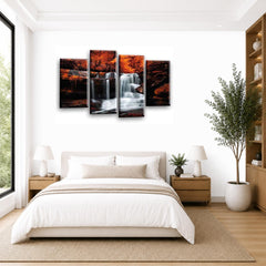 LR Waterfall Orange Wall Art Picture – Grey & Forest Framed 4 Panel Split Canvas Print | Ready to Hang | Modern Wall Art for Living Room, Bedroom & Office