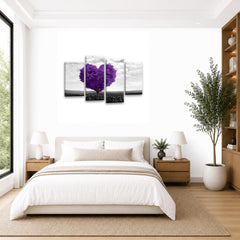 LR Floral Love Heart Wall Art Picture – Purple & Grey Tree Framed 4 Panel Split Canvas Print | Ready to Hang | Modern Wall Art for Living Room, Bedroom & Office