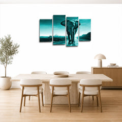 LR Sunset Elephant Wall Art Picture – Grey, Teal & Black African Framed 4 Panel Split Canvas Print | Ready to Hang | Modern Wall Art for Living Room, Bedroom & Office