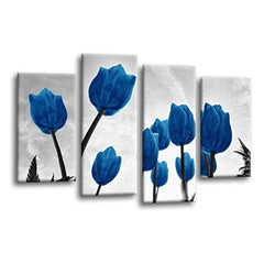 LR Floral Rose Tulip Wall Art Picture – Grey & Blue Framed 4 Panel Split Canvas Print | Ready to Hang | Modern Wall Art for Living Room, Bedroom & Office