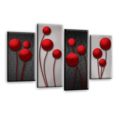 LR Red Floral Rose Wall Art Picture – Grey Framed 4 Panel Split Canvas Print | Ready to Hang | Modern Wall Art for Living Room, Bedroom & Office