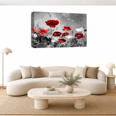 LR Grey Floral Wall Art Picture – Red & White Poppy Framed Canvas Print | Ready to Hang | Modern Wall Art for Living Room, Bedroom & Office