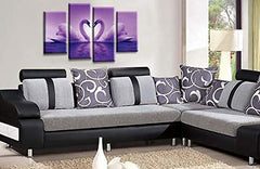 LR Purple Love Swans Wall Art Picture – White Heart Framed 4 Panel Split Canvas Print | Ready to Hang | Modern Wall Art for Living Room, Bedroom & Office