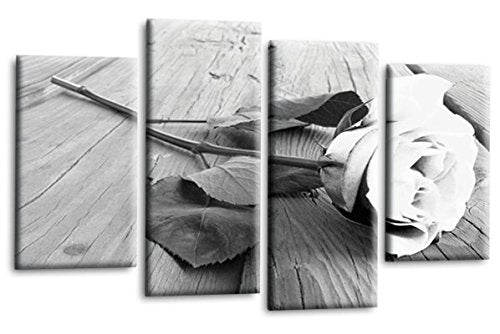 LR Floral White Rose Wall Art Picture – Grey Framed 4 Panel Split Canvas Print | Ready to Hang | Modern Wall Art for Living Room, Bedroom & Office