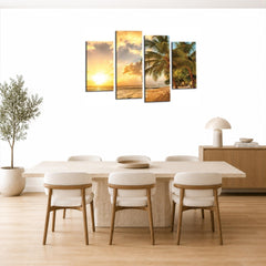 LR Sunset Beach Wall Art Picture – Seascape Framed 4 Panel Split Canvas Print | Ready to Hang | Modern Wall Art for Living Room, Bedroom & Office