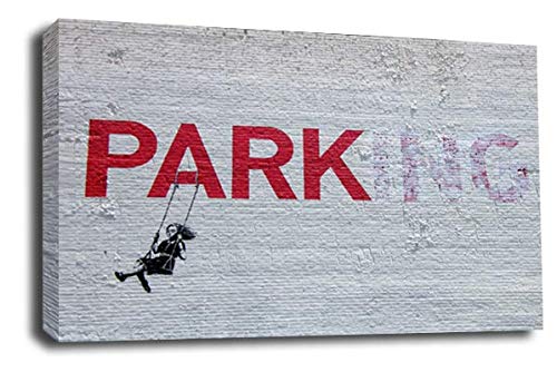 LR Banksy No Parking Art Print Grey Red Girl on Swing Framed Canvas Wall Picture Ready to Hang