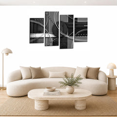 LR Abstract Wall Art Picture – Grey, Black & White Modern Framed 4 Panel Split Canvas Print | Ready to Hang | Modern Wall Art for Living Room, Bedroom & Office