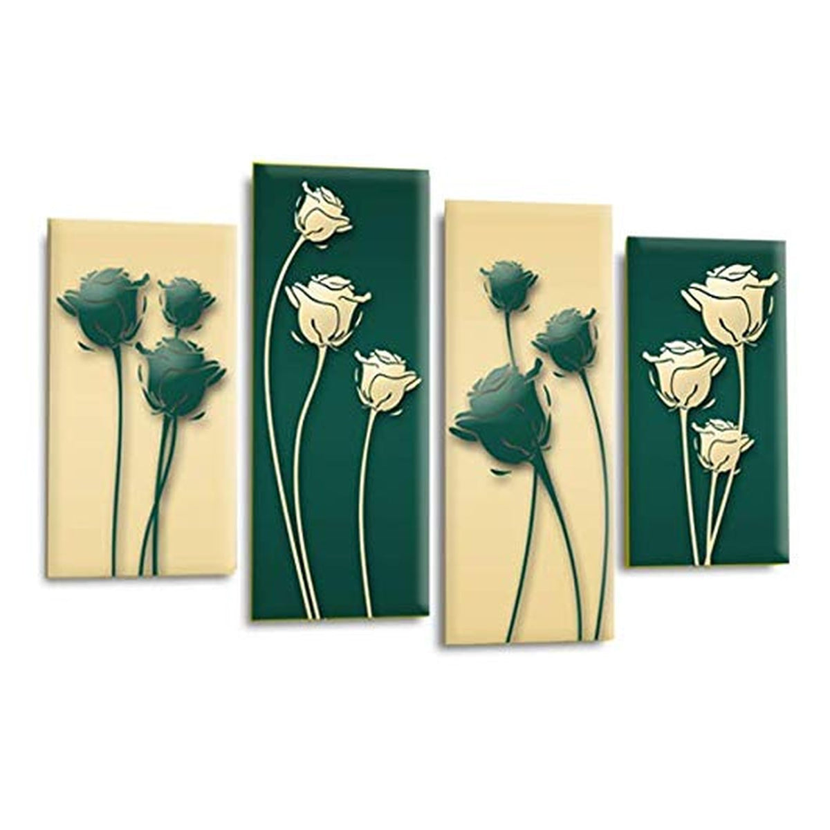 LR Floral Rose Wall Art Picture – Green & Cream Framed 4 Panel Split Canvas Print | Ready to Hang | Modern Wall Art for Living Room, Bedroom & Office