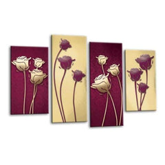 LR Floral Rose Wall Art Picture – Purple & Cream Framed 4 Panel Split Canvas Print | Ready to Hang | Modern Wall Art for Living Room, Bedroom & Office