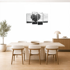 LR Floral Love Heart Wall Art Picture – Grey & White Tree Framed 4 Panel Split Canvas Print | Ready to Hang | Modern Wall Art for Living Room, Bedroom & Office