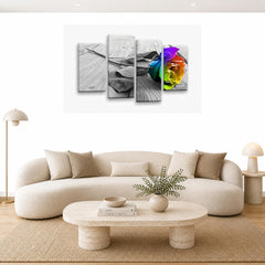 LR Floral Rainbow Rose Wall Art Picture Framed 4 Panel Split Canvas Print | Ready to Hang | Modern Wall Art for Living Room, Bedroom & Office