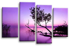 LR Sunset Landscape Lake Wall Art Picture – Purple & Brown Floral Framed 4 Panel Split Canvas Print | Ready to Hang | Modern Wall Art for Living Room, Bedroom & Office