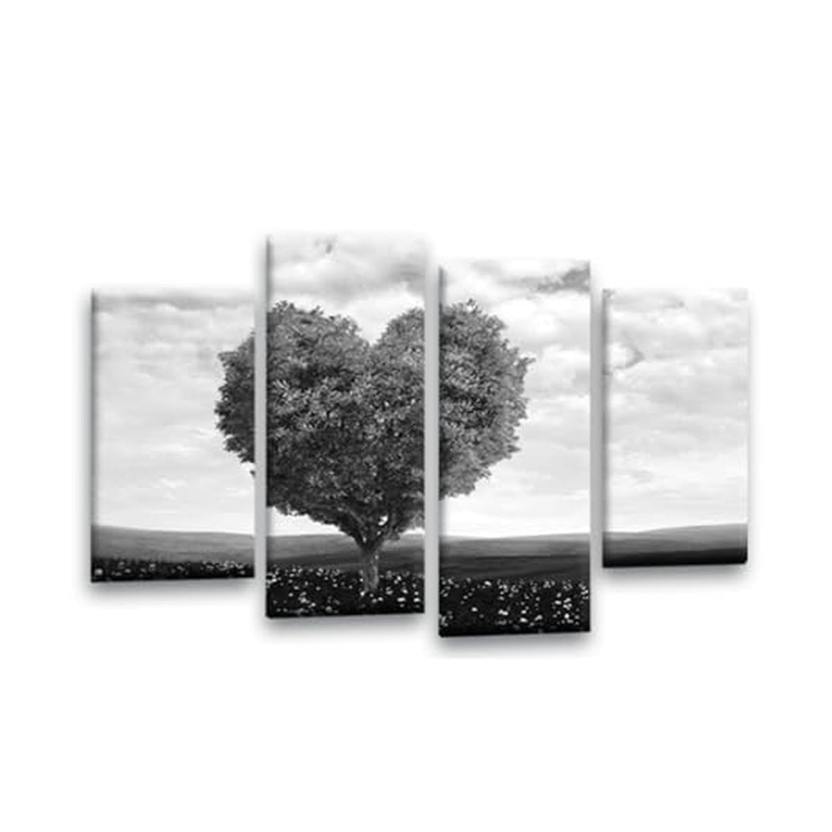 LR Floral Love Heart Wall Art Picture – Grey & White Tree Framed 4 Panel Split Canvas Print | Ready to Hang | Modern Wall Art for Living Room, Bedroom & Office