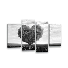 LR Floral Love Heart Wall Art Picture – Grey & White Tree Framed 4 Panel Split Canvas Print | Ready to Hang | Modern Wall Art for Living Room, Bedroom & Office