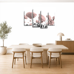 LR Floral Rose Wall Art Picture – Pink & White Framed 4 Panel Split Canvas Print | Ready to Hang | Modern Wall Art for Living Room, Bedroom & Office